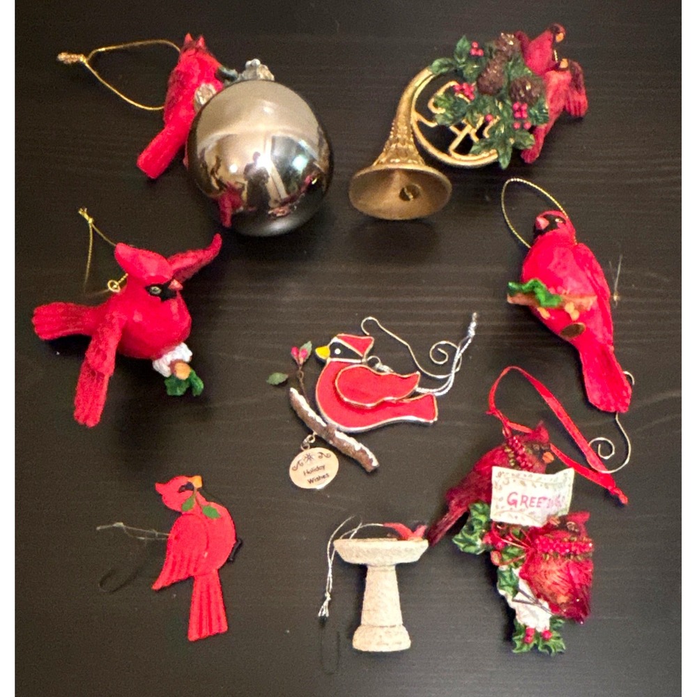 Lot of 8 Cardinal Bird Christmas Hanging Ornaments Bell Silver Ball Greetings